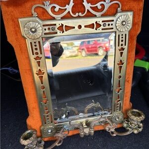 Vintage Brass and Orange Velvet Mirror with Candle Holders